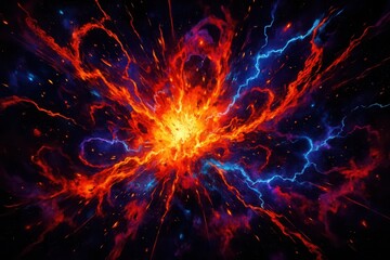 Obraz premium Cosmic explosion: A vibrant abstract illustration of a fiery burst with electric blue lightning and swirling nebula effects, symbolizing immense power, energy, and creation in deep space.