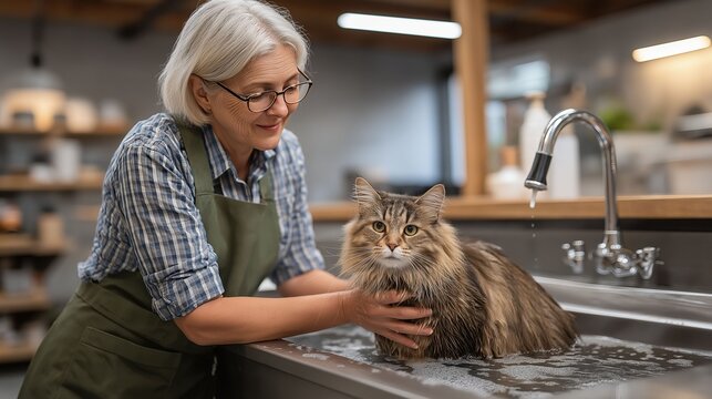 Senior woman with glasses gently bathing a fluffy cat in a modern kitchen sink, showcasing a caring pet grooming experience in a cozy home environment