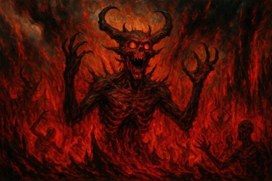 Fearsome horned demon emerges from a blazing inferno, surrounded by tormented souls in this dark, hellish illustration of eternal damnation and horror.