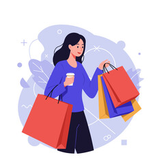Woman shopping while holding coffee and colorful shopping bags  