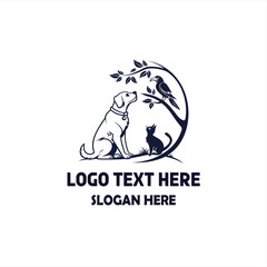 Fototapeta premium Pet Care Logo with Dog, Cat, and Bird Illustration