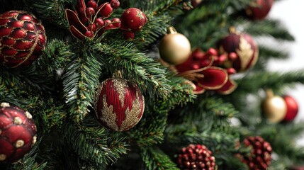 artificial christmas tree leaves adorned with golden and red decorations