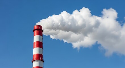 Red and White Industrial Chimney Emitting White Smoke Against Blue Sky