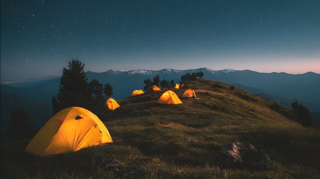 A row of illuminated tents on a mountain ridge at sunset, with a scenic view of distant mountains and a colorful sky.