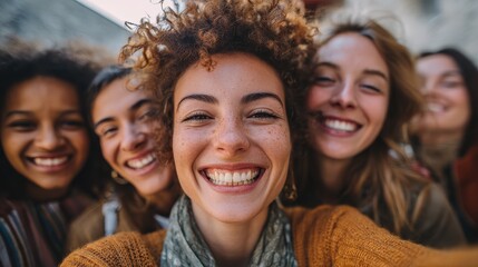happy friends from different races and culture laughing in front of phone camera  young millennial people having fun together  multiracial generation concept  main focus on center girls no logos no b