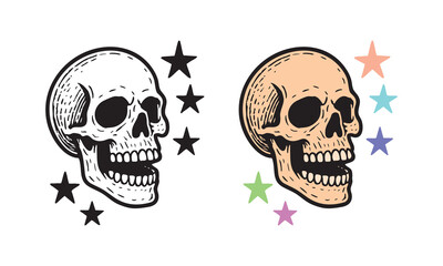 Illustration of human skull with stars, spooky retro style for tattoo, sticker, and t-shirt design.