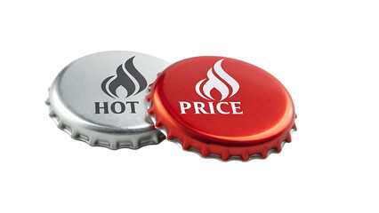 Two bottle caps with hot price and flame icon, isolated on transparent background