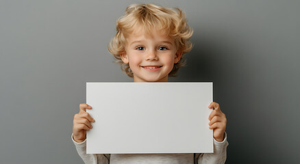 Smiling child holding a blank sign. Cute blonde toddler with bright eyes poses against a gray backdrop, showcasing the blank space for a personalized message.