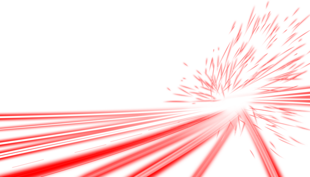 A red light trail effect with a dynamic motion blur. Fast-moving light streaks culminating in a bright splash, beam glow, flash curve. City highway at night, Sci-fi high-speed particle explosion. PNG