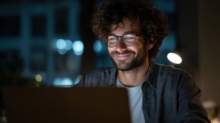 smiling young curly indian latin ethnic business man or student wearing glasses remote working overtime learning online late at night at home or in dark office using laptop computer at workplace no l