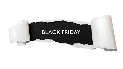 Black friday text revealed through torn paper, isolated on transparent background