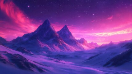 雪山と紫色の夕暮れ空に輝く星々幻想的な景観美