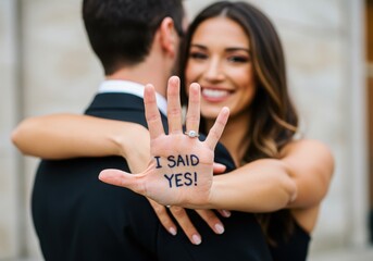 Woman shows i said yes on hand after engagement