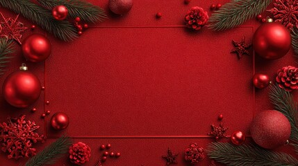 red background with a red border red christmas decorations merry christmas card winter holiday theme happy new year space for text