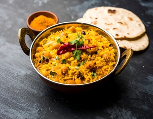 Indian dish with rice, chickpeas, and roti