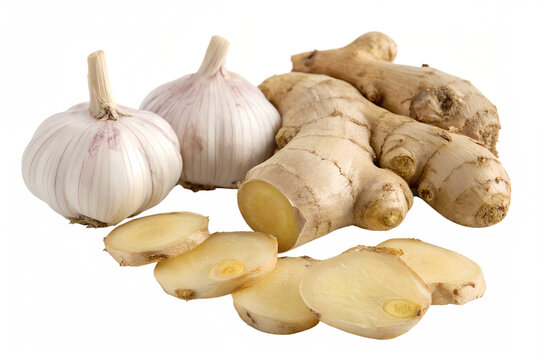 Close-up shot of garlic and ginger against a white background. The ginger is partially sliced, revealing the fresh interior of the root and bulb