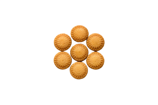 Seven Delicate Round Cookies Arranged in a Flower Pattern on White Background