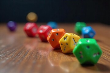 Close-up shot of several colorful dice rolling across a wooden surface, capturing the dynamic movement and randomness of the game ,  roll,  fun