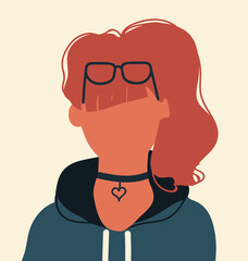 Girl, blank empty face portrait. Abstract faceless female head with tail, poster in modern minimalistic style.Hand drawn vector illustration.