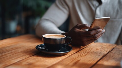 cropped shot of african corporate worker having coffee while sitting at the cafe before meeting with partners black businessman using mobile phone with blank copy space screen for your advertisement