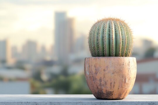 Round cactus in a terracotta pot on a rooftop with a blurred cityscape in the background during a beautiful sunset