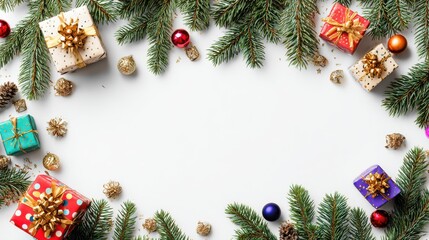 christmas poster vertical banner design flat lay handmade gift boxes colorful decorations fir branches garland balls on white background top view with copy space