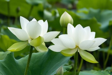 Obraz premium Two elegant white lotus flowers are blooming, showcasing their delicate petals and vibrant green leaves in a serene pond setting