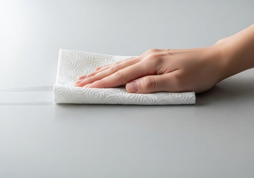 Hand wiping a surface with a white cloth for cleaning