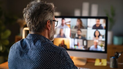 business man having virtual team meeting on video conference call using computer social distance employee working from home office talking to diverse colleagues in remote videoconference online chat 