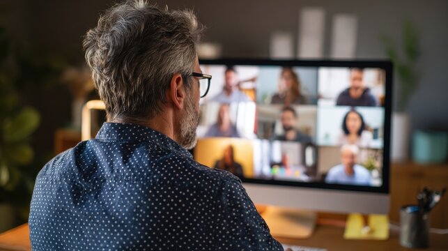 business man having virtual team meeting on video conference call using computer social distance employee working from home office talking to diverse colleagues in remote videoconference online chat 