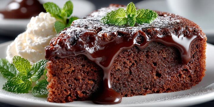Delicious chocolate cake slice dripping with chocolate sauce and garnished with mint