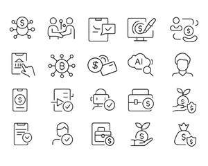Set of outline icons related to fintech. Linear icon collection