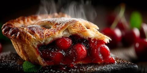 Steaming hot cherry pie with fresh cherries and icing sugar