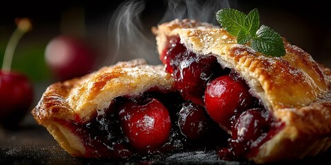 Delicious steaming hot cherry pie showing juicy filling