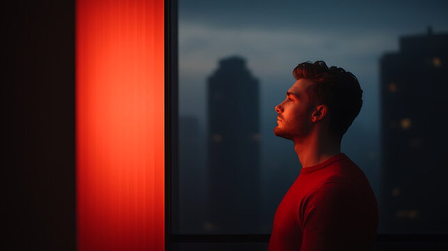 Contemplative man gazes out of window at night. Illuminated in red, against a backdrop of city lights and dark sky, a moment of introspection and reflection.