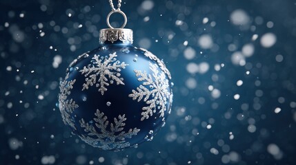 Fototapeta premium blue christmas ornament with white snowflakes on dark blue background