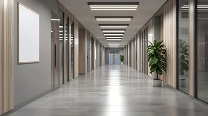 Modern Office Corridor with Glass Walls and Green Plants