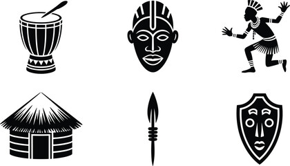 African culture silhouette vector illustration, tribal mask, traditional dancer, drum, hut, spear, shield, ethnic heritage symbol, cultural art design
