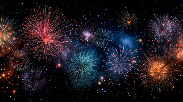 Colorful fireworks illuminating a night sky celebration