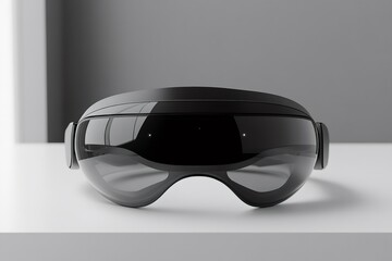 Sleek and minimalist virtual reality headset displayed on a white surface, showcasing its futuristic design in a grayscale aesthetic