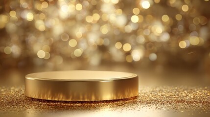 a golden circular podium is illuminated by soft warm lights the background features a bokeh effect with shimmering golden orbs creating a festive atmosphere