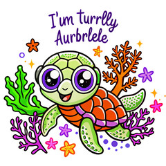 Obraz premium Adorable cartoon sea turtle with glasses and coral