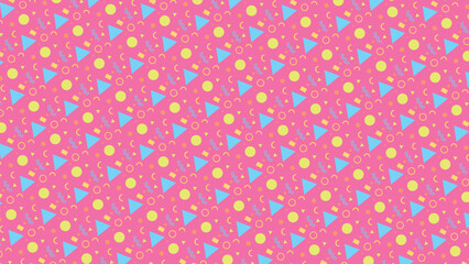 This memphis and lively pattern features playful triangles, circles, and squiggles in vibrant pink, yellow, and blue, creating a fun and cheerful design perfect for bright decor and creative projects.