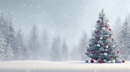 Fototapeta premium snowy winter scene with a festive christmas tree and ornaments against a soft white background evergreen tree festive atmosphere holiday decor