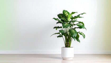 Indoor plant in white pot against light wall