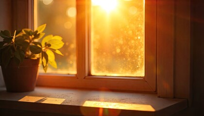 Warm sunlight streaming through window illuminating houseplant in tranquil, peaceful home setting