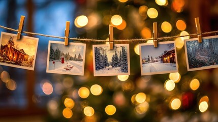 christmas photos hanging on a clothesline with a blurred festive background and warm bokeh lights each picture features a holiday scene