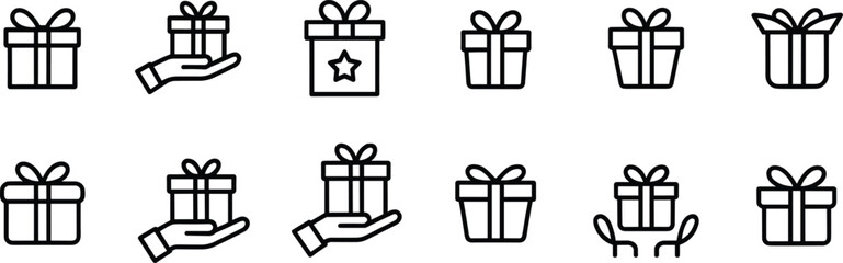 Gift box icon collection with outline style, present symbol, celebration package, holiday surprise, birthday gift illustration, simple line design