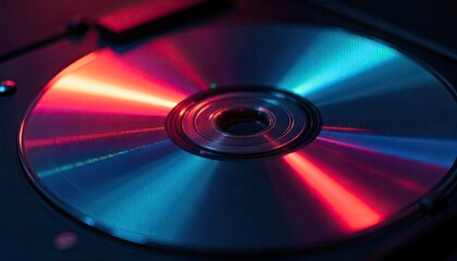 Vibrant CD reflecting red and blue light, perfect for music, data, and technology concepts