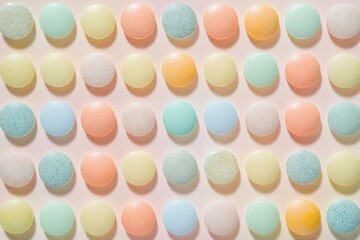 Overhead view of a collection of colorful vitamin tablets arranged in a regular pattern on a pink background, creating a visually appealing and health conscious image